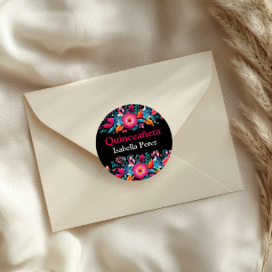 Sticker Rond Fête Mexicaine Noire Florale de Quince Ans