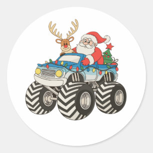 Sticker Rond Fête Monster Truck Christmas Père Noël Reindeer