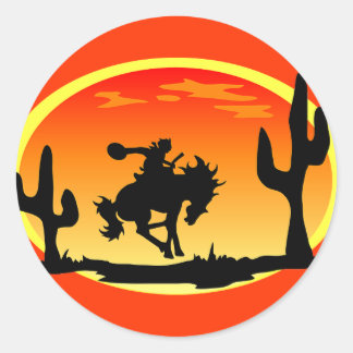 Sticker Rond Fête Nationale du Cowboy Bronco Silhouette