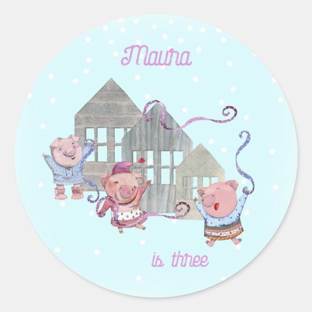 Sticker Rond Fête personnalisée de trois petits cochons (Devant)