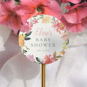 Sticker Rond Fête Prénatale Bébé Fille Élégante Fleurs de Print
