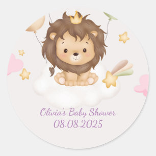 Sticker Rond Fête prénatale bébé fille lion rose