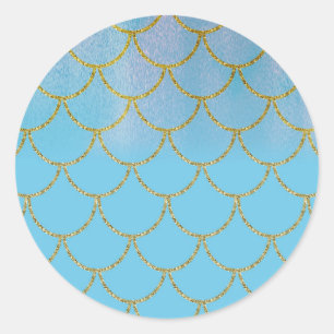 Sticker Rond Fête Sirène Pailletée Iridescente Bleu et Or