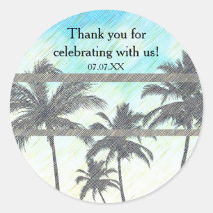 Sticker Rond Fête sur la plage Palmiers Été tropical