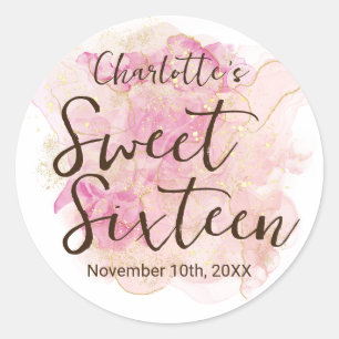 Sticker Rond Fête Sweet 16 Rose et Or Aquarelle Élégante