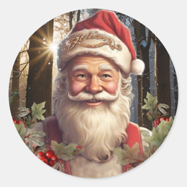 Sticker Rond Fêtes de Noël Santa Claus forêt enneigée (Devant)
