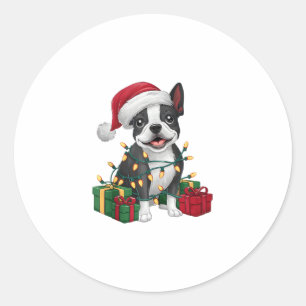 Sticker Rond Feu de Noël Santa Hat Boston Terrier Chien Noël
