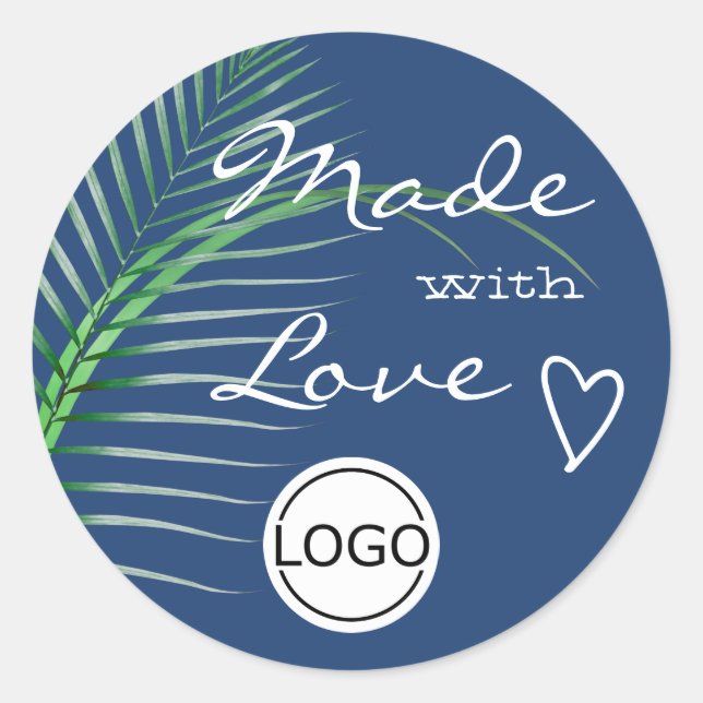 Sticker Rond Feuille d'arbre bleu faite avec amour Logo Modèle  (Devant)
