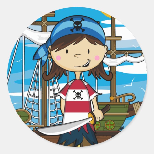 Sticker Rond Feuille d'autocollant fille pirate mignonne (Devant)