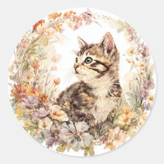 Sticker Rond Feuille d'autocollants Floral Kitten