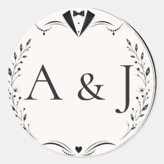Sticker Rond Feuille : Mariée Mari Monogramme Joint Cachet