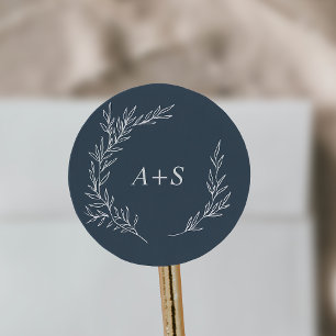 Sticker Rond Feuille minimale Ardoise Bleu Monogramme Envelop