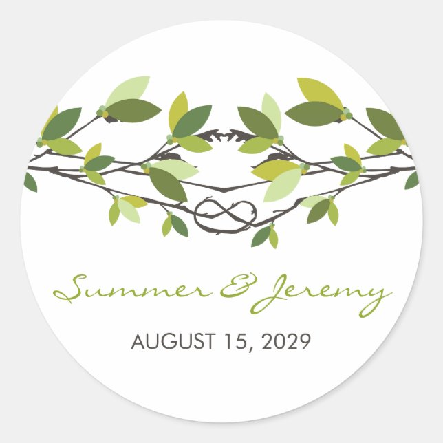 Sticker Rond Feuille vert noué amoureux arbres Mariage d'été (Devant)