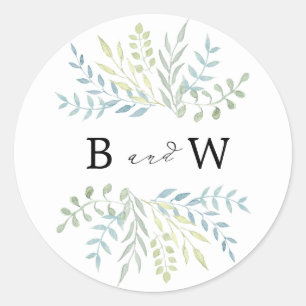 Sticker Rond Feuilles aquarelle en Mariage teintes vertes