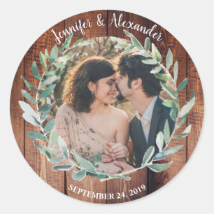 Sticker Rond Feuilles aquarelle sur Mariage photo en bois rusti