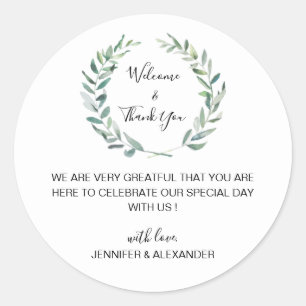Sticker Rond Feuilles aquarelles rustiques Bienvenue au mariage
