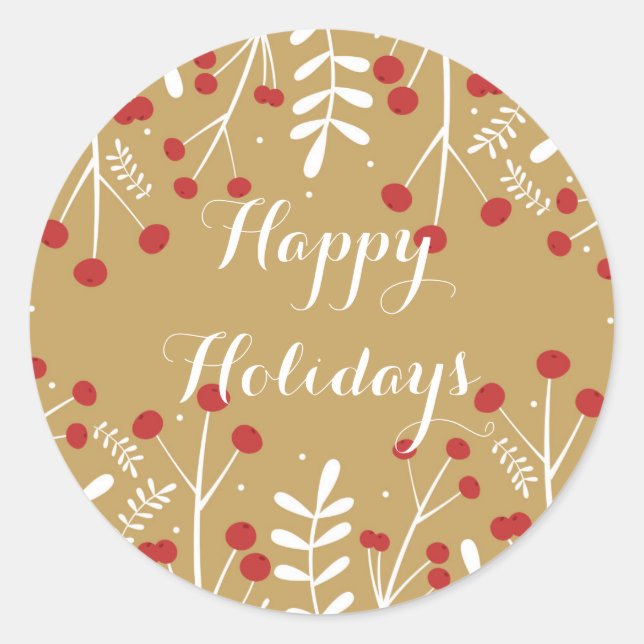 Sticker Rond Feuilles blancs & Berries Gold Holiday Favoriser (Devant)