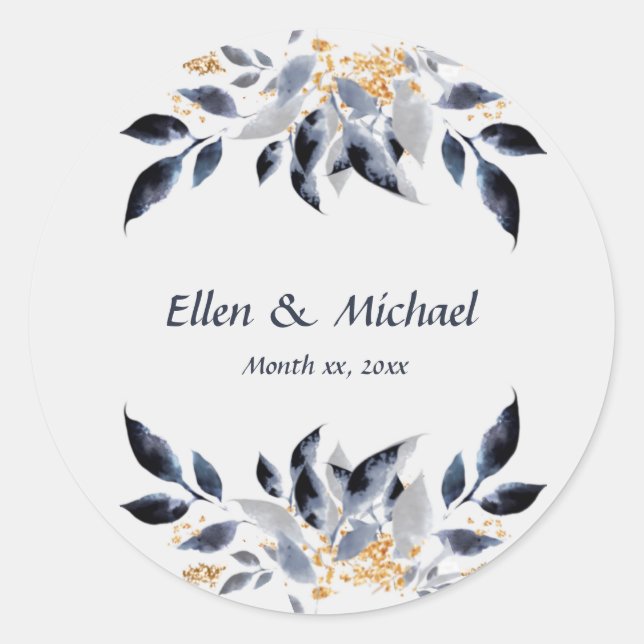 Sticker Rond Feuilles Bleues avec Mariage Or   (Devant)