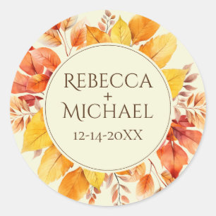 Sticker Rond Feuilles d'automne rustiques Élégant mariage crème