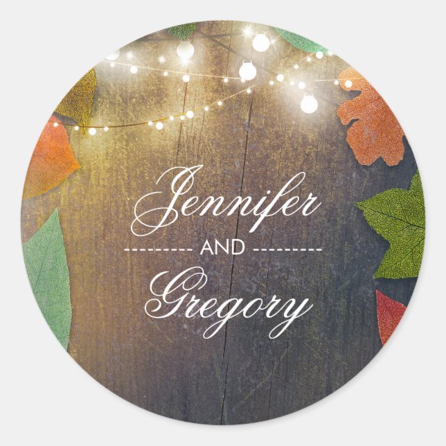 Sticker Rond Feuilles de automne rustiques et Mariage de bois (Devant)