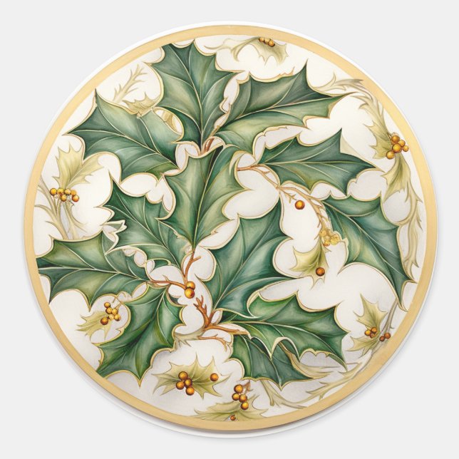 Sticker Rond Feuilles de houx avec des accents dorés (Devant)