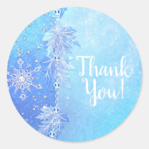 Sticker Rond Feuilles d'hiver bleu et flocons de neige Elegant