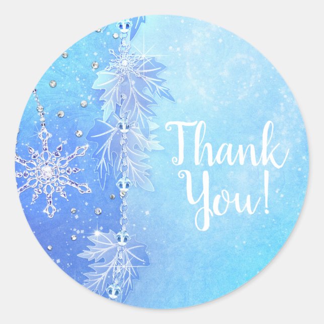 Sticker Rond Feuilles d'hiver bleu et flocons de neige Elegant  (Devant)