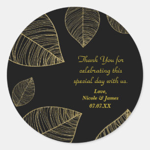 Sticker Rond Feuilles d'or sur Black Elegant Wedding Favor
