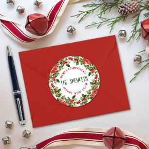 Sticker Rond Feuilles et Baies de Houx de Noël Joyeux Noël