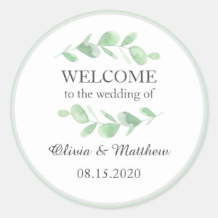 Sticker Rond Feuilles eucalyptus. Mariage simple Woodland Bienv