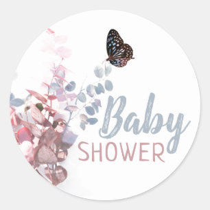 Sticker Rond Feuilles papillons, Baby shower élégant
