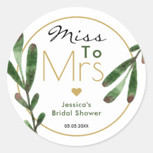 Sticker Rond Feuilles Tropicales Miss To Mrs Baby Shower