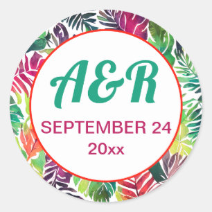 Sticker Rond Feuilles tropicaux colorés, cadre maximaliste mari