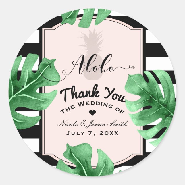Sticker Rond Feuilles tropicaux et Mariage ananas Elegant Favor (Devant)