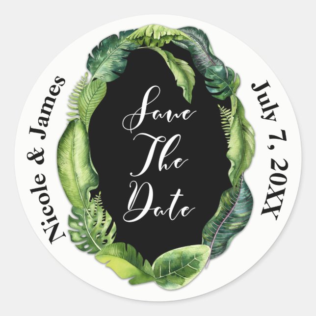 Sticker Rond Feuilles tropicaux Été Mariage chic Enregistrer la (Devant)