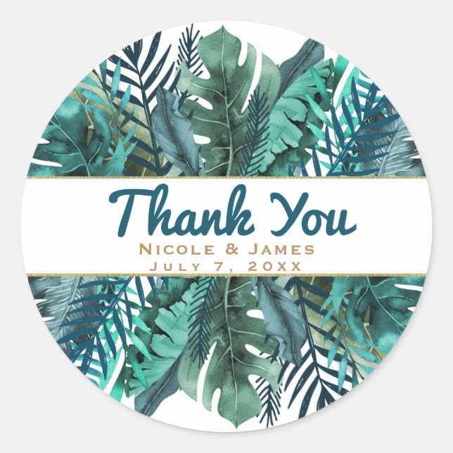 Sticker Rond Feuilles Turquoises verts tropicaux Élégant Mariag (Devant)