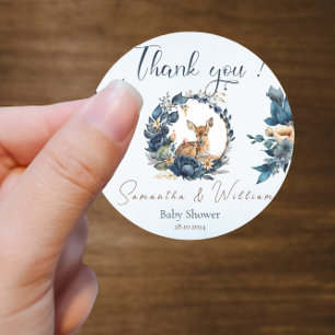 Sticker Rond Feuilles Whimsical Woodland Deer Blue Flowers