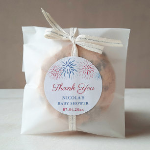 Sticker Rond Feux d'artifice rouges bleus Faveur de Baby Shower
