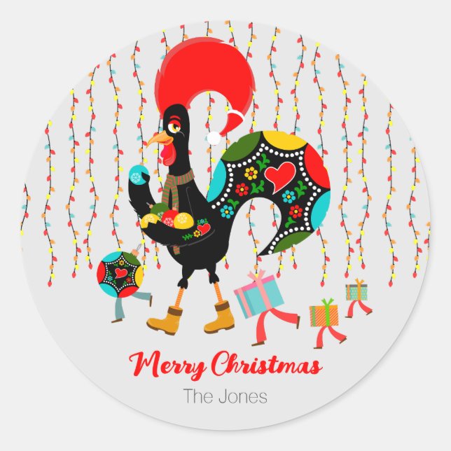 Sticker Rond Feux de Noël, baubles, cadeaux et coq (Devant)