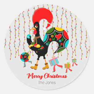 Sticker Rond Feux de Noël, baubles, cadeaux et coq