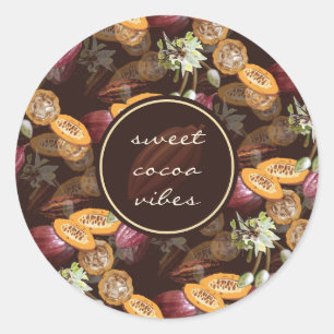 Sticker Rond Fèves et fleurs de cacao, Motif de chocolat