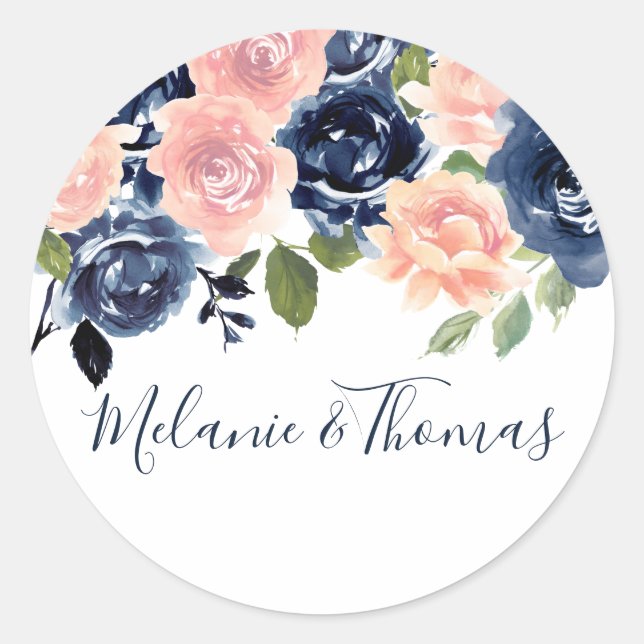 Sticker Rond Fiançailles Mariage floral Blush & Navy (Devant)