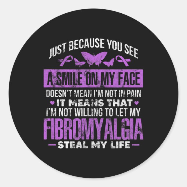 Sticker Rond Fibromyalgie Fibro Warrior Purple Ribbon Papillon (Devant)