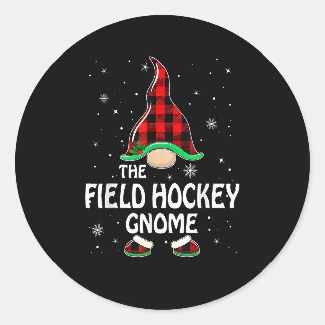 Sticker Rond Field Hockey Gnome Buffalo Plaid Matching Family C (Devant)
