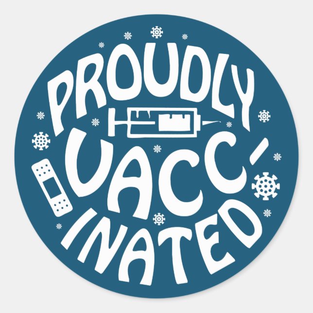 Sticker Rond Fièrement Vacciné Convid-19 Coronavirus Bleu Tiré (Devant)