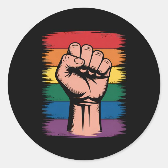 Sticker Rond Fierté de poing élevée Rainbow LGBTQ Droits de sup (Devant)