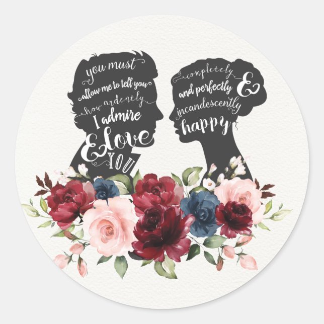 Sticker Rond Fierté et préjugés floraux Jane Austen Wedding Fav (Devant)