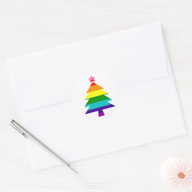 Sticker Rond Fierté LGBTQ Arbre de Noël Arc-en-ciel (Enveloppe)