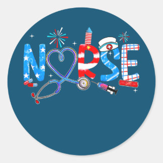 Sticker Rond Fierté Nurse USA Drapeau Stethoscope Patriotique N