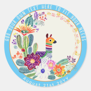 Sticker Rond FIESTA Cactus Lama Folkart Fleurs Bleu Personnalis